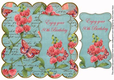 Teal Sweetpeas 80th Birthday 8in Scallop Topper