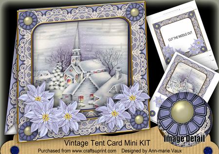 Blue Christmas Church 7inch Vintage Tent Card Mini Kit
