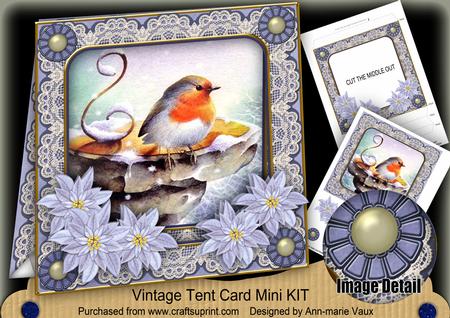 Christmas Blue Robin 7inch Vintage Tent Card Mini Kit