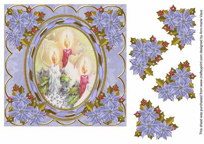 Candle Trio Blue 7in Oval Ribbon Decoupage Topper Sheet