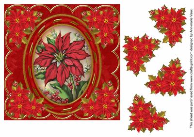 Red Poinsettia 7in Oval Ribbon Decoupage Topper Sheet