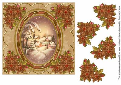 Snowy Village 7in Oval Ribbon Decoupage Topper Sheet