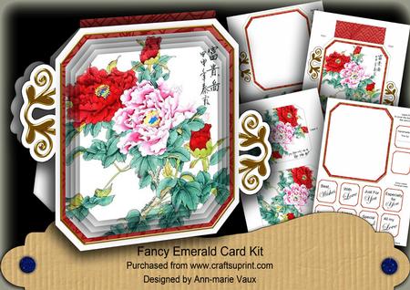 Oriental Red Peony Fancy Emerald Decoupage Card Mini Kit