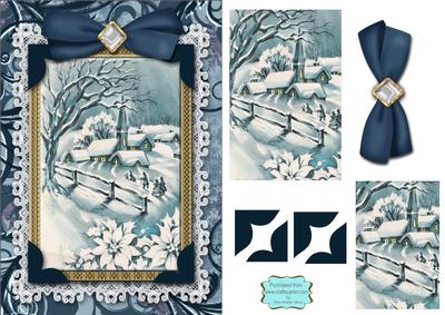 Christmas Blue Snow Village A5 Lace Card Front Step by Step