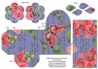 Blue Sweet Pea Rolled Rose 3in Favour/gift Box N' Card