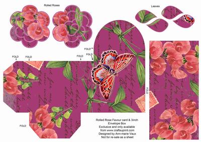 Cerise Sweet Pea Rolled Rose 3in Favour/gift Box N' Card