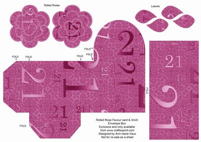 Cerise Age 21 Rolled Rose 3in Favour/gift Box N' Card