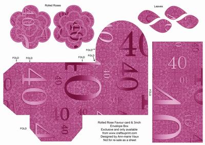 Cerise Age 40 Rolled Rose 3in Favour/gift Box N' Card