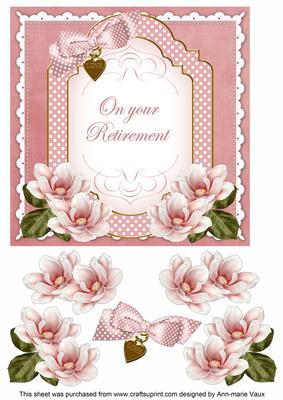 Pink Magnolia Retirement Fancy 7in Decoupage Topper