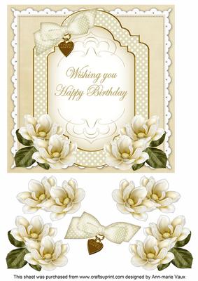 Cream Magnolia Happy Birthday Fancy 7in Decoupage Topper