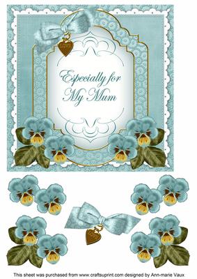 Dusky Teal Pansy for My Mum Fancy 7in Decoupage Topper