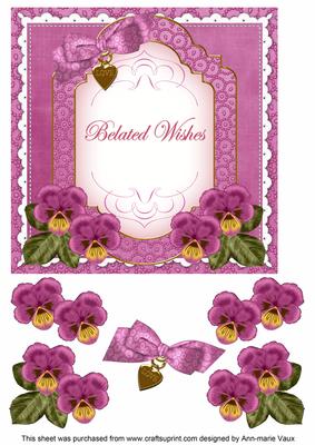 Cerise Pansy Belated Wishes Fancy 7in Decoupage Topper