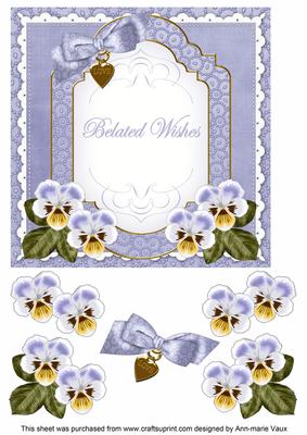 Pale Blue Pansy Belated Wishes Fancy 7in Decoupage Topper