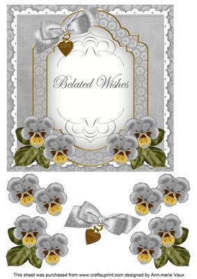 Silver Pansy Belated Wishes Fancy 7in Decoupage Topper