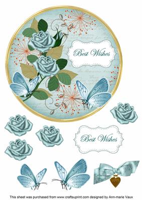 Dteal Rose Best Wishes 7in Circle Decoupage Topper