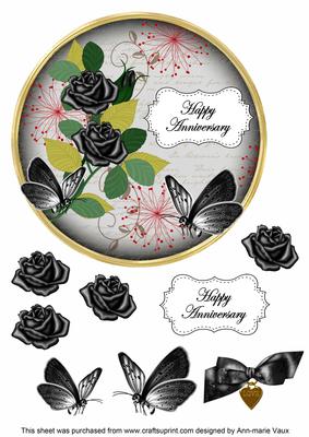 Black Rose Happy Anniversary 7in Circle Decoupage Topper