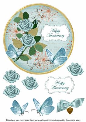 Dteal Rose Happy Anniversary 7in Circle Decoupage Topper