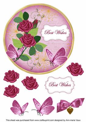 Cerise Rose Best Wishes 7in Circle Decoupage Topper