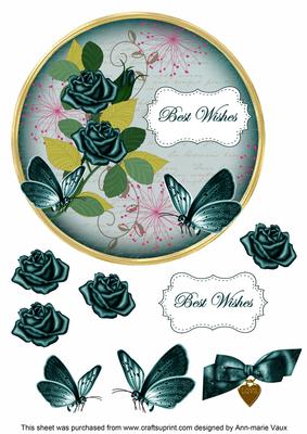 Peacock Rose Best Wishes 7in Circle Decoupage Topper