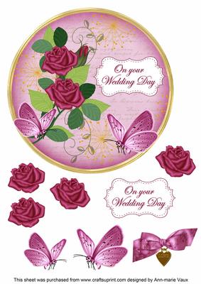 Cerise Rose Wedding Day 7in Circle Decoupage Topper