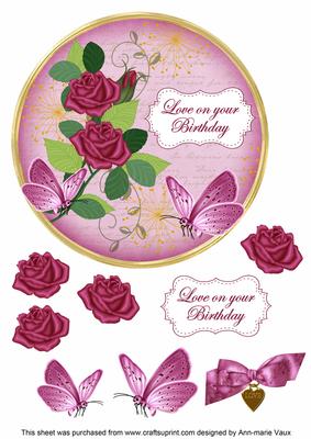 Cerise Rose Love on Birthday 7in Circle Decoupage Topper