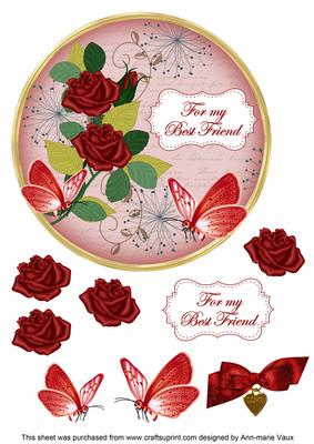 Red Rose My Best Friend 7in Circle Decoupage Topper