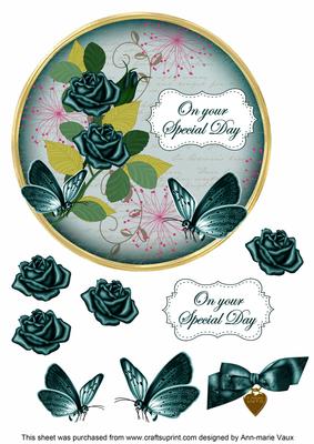 Peacock Rose Special Day 7in Circle Decoupage Topper