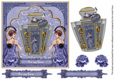 Blue Art Deco Perfume My Gran 7in Decoupage Topper