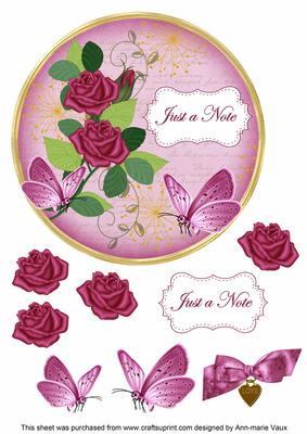 Cerise Rose Just a Note 7in Circle Decoupage Topper