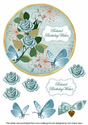 Teal Rose Belated Birthday 7in Circle Decoupage Topper