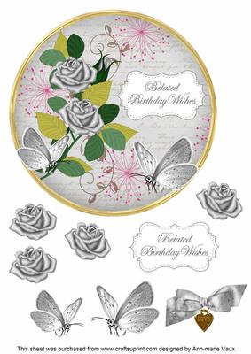 Silver Rose Belated Birthday 7in Circle Decoupage Topper