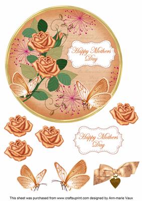 Peach Rose Happy Mothers Day 7in Circle Decoupage Topper