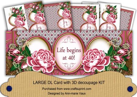 Cerise Rose Life Begins at 40 Large Dl Decoupage Card Kit