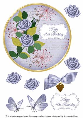 Blue Rose 40th Birthday 7in Circle Decoupage Topper