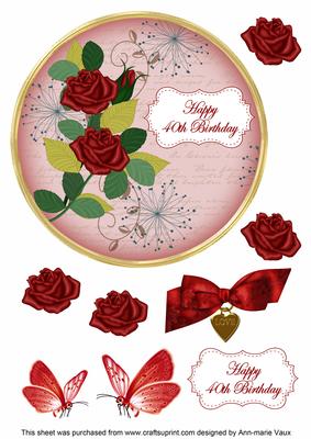 Red Rose 40th Birthday 7in Circle Decoupage Topper