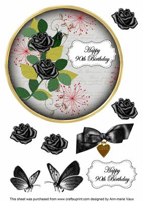 Black Rose 90th Birthday 7in Circle Decoupage Topper