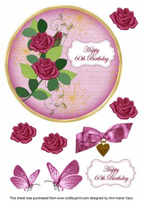 Cerise Rose 60th Birthday 7in Circle Decoupage Topper