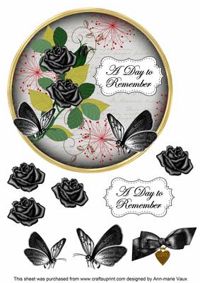 Black Rose Day to Remember 7in Circle Decoupage Topper