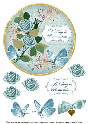 Teal Rose Day to Remember 7in Circle Decoupage Topper
