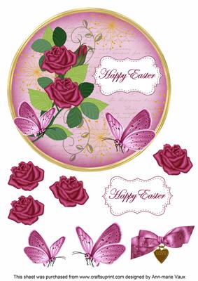 Cerise Rose Happy Easter 7in Circle Decoupage Topper