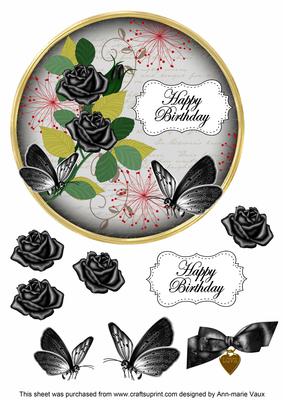 Black Rose Happy Birthday 7in Circle Decoupage Topper