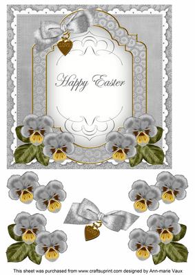 Silver Pansy Happy Easter Fancy 7in Decoupage Topper