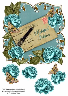 Teal Rose Belated Wishes 8in Fancy Rose Topper