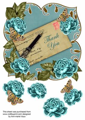Teal Rose Thank You 8in Fancy Rose Topper