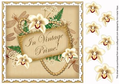 Cream Orchid in Vintage Prime 8in Decoupage Topper