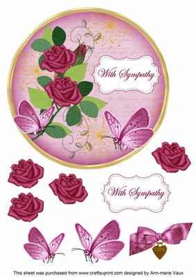 Cerise Rose with Sympathy 7in Circle Decoupage Topper