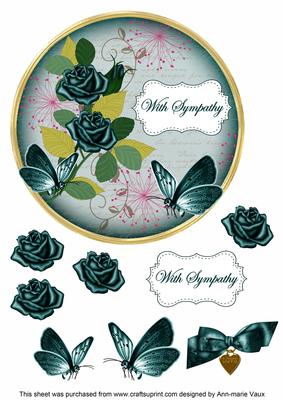 Peacock Rose with Sympathy 7in Circle Decoupage Topper