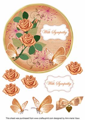 Peach Rose with Sympathy 7in Circle Decoupage Topper