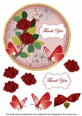 Red Rose Thank You 7in Circle Decoupage Topper