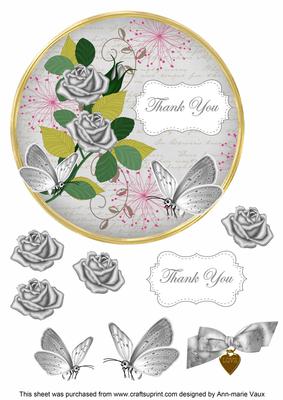 Silver Rose Thank You 7in Circle Decoupage Topper